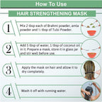 Instructions on how to use a hair strengthening mask with ingredients and steps.