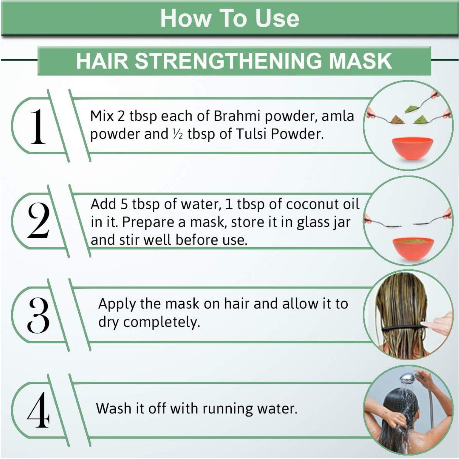 Instructions on how to use a hair strengthening mask with ingredients and steps.