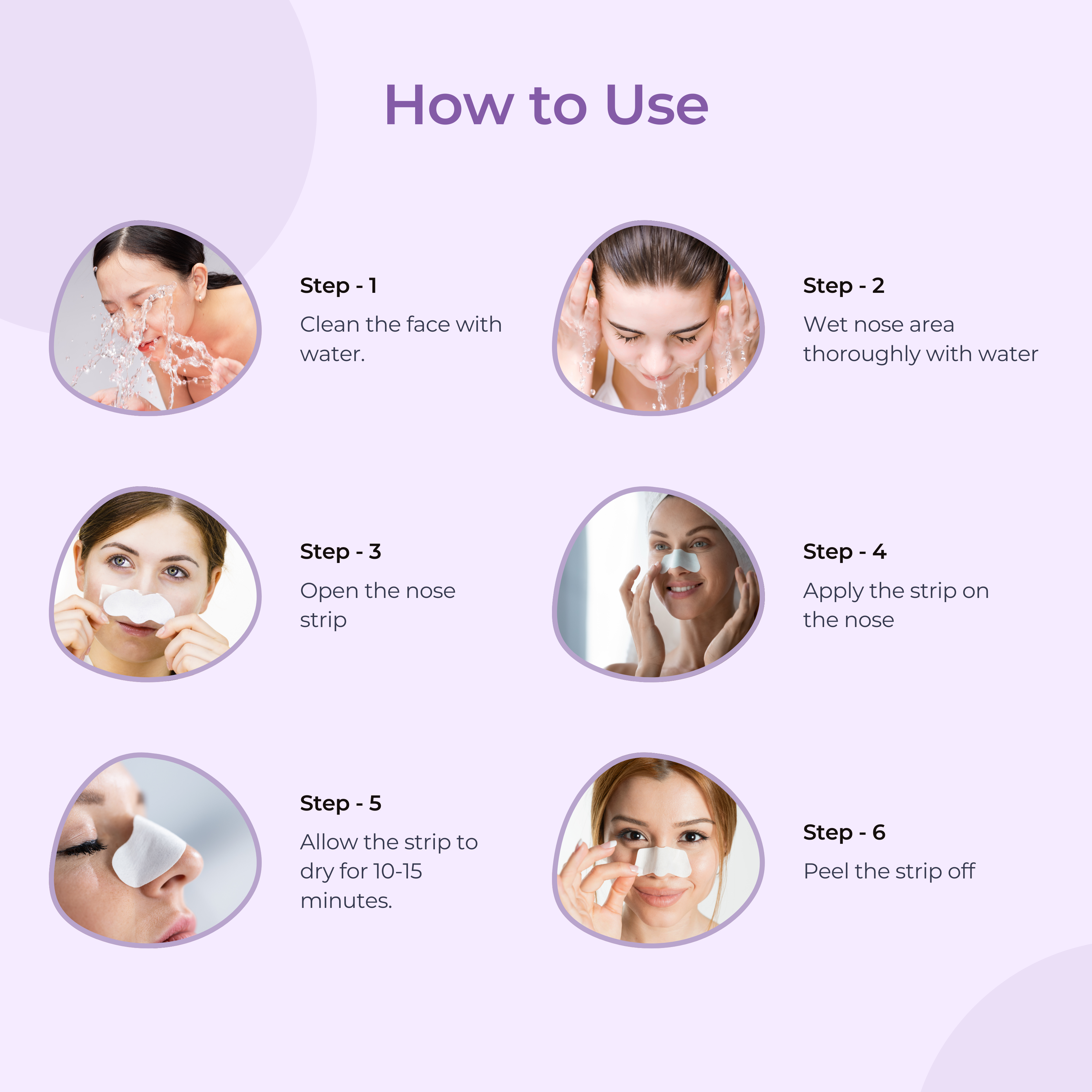 strap Step-by-step guide on how to use a nose strip with images of a woman  vapplying it.