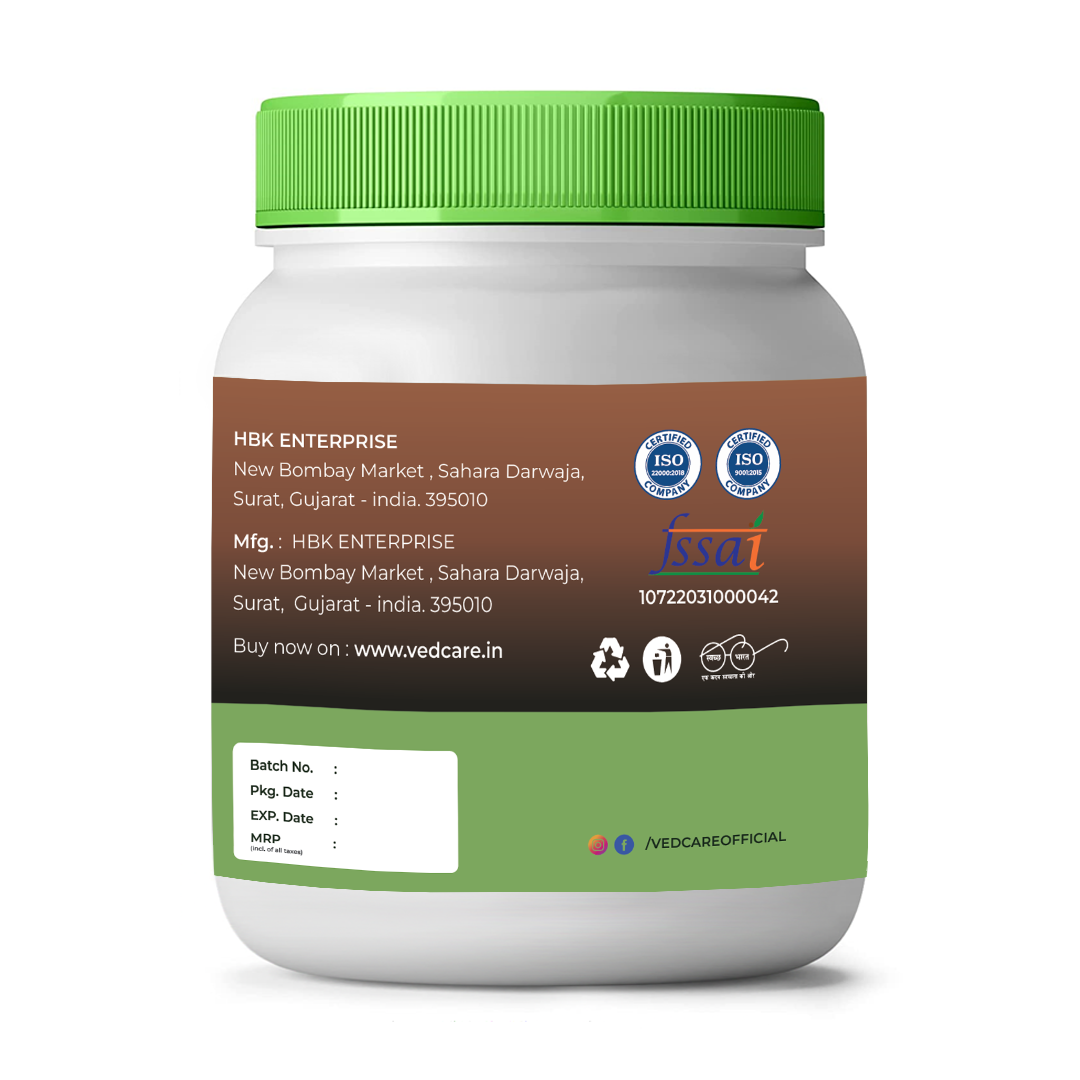 Container with green lid and brown label on a white background