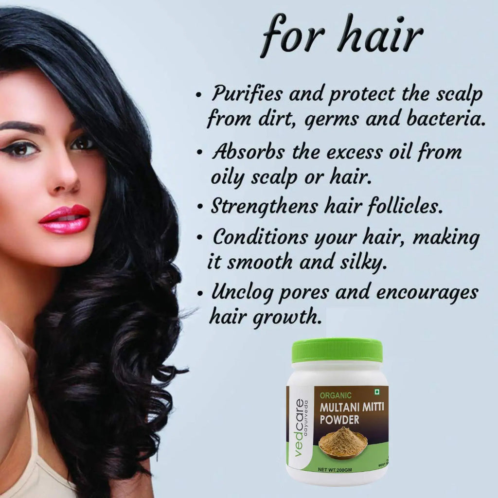 Vedcare Multani Mitti Powder jar with a woman's face and text about hair benefits on a light blue background