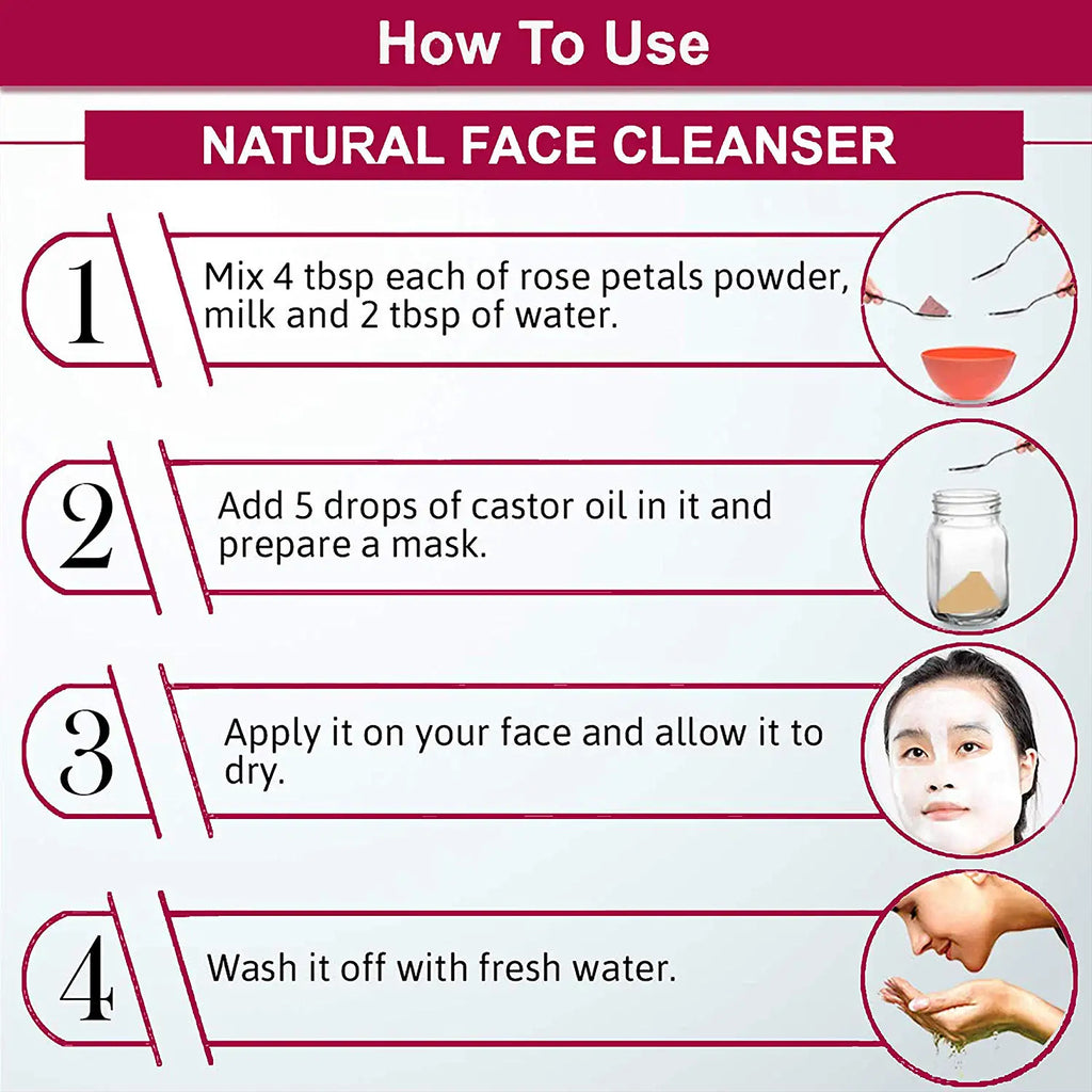 Instructions on how to use natural face cleanser with step-by-step guide and illustrations.