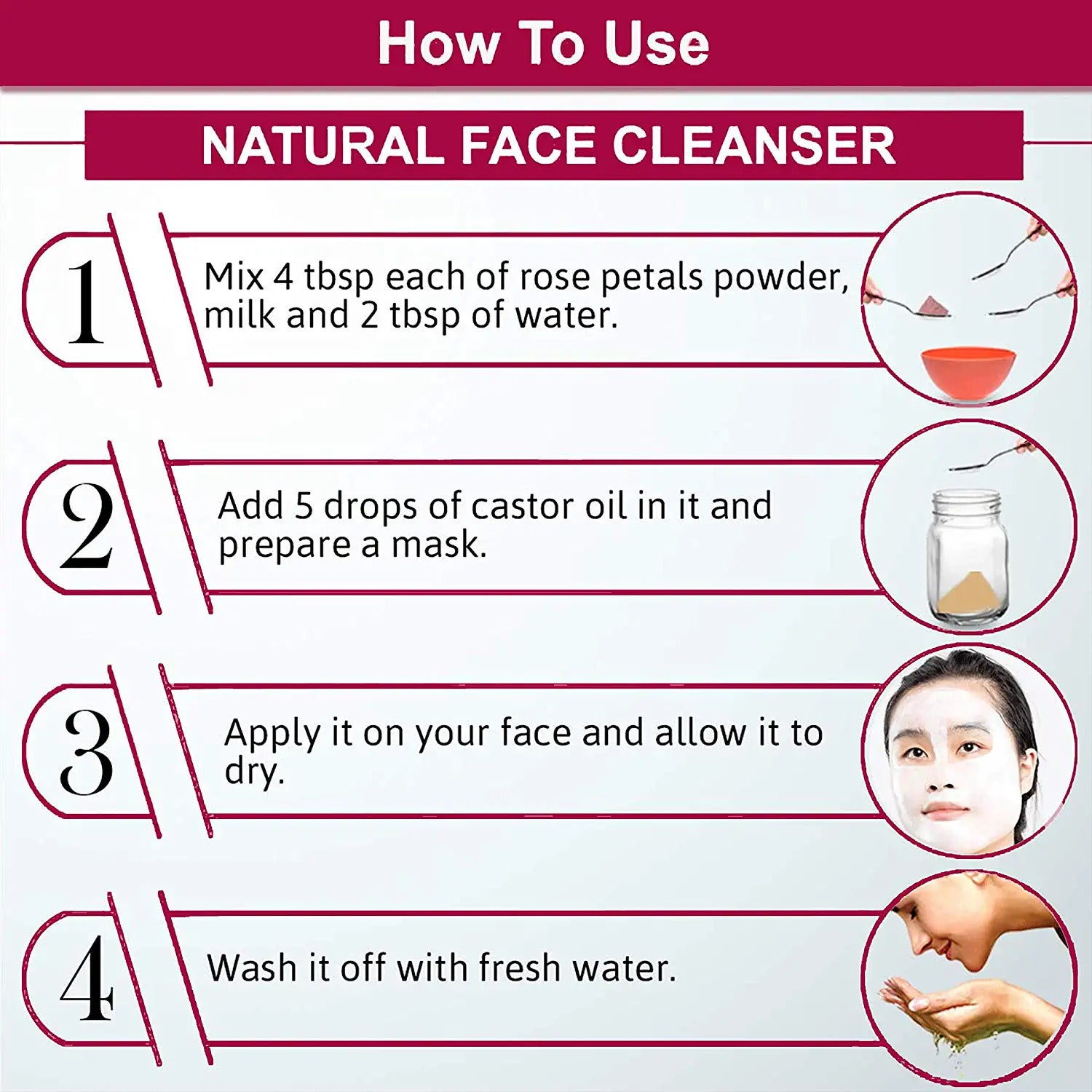 Instructions on how to use natural face cleanser with step-by-step guide and illustrations.