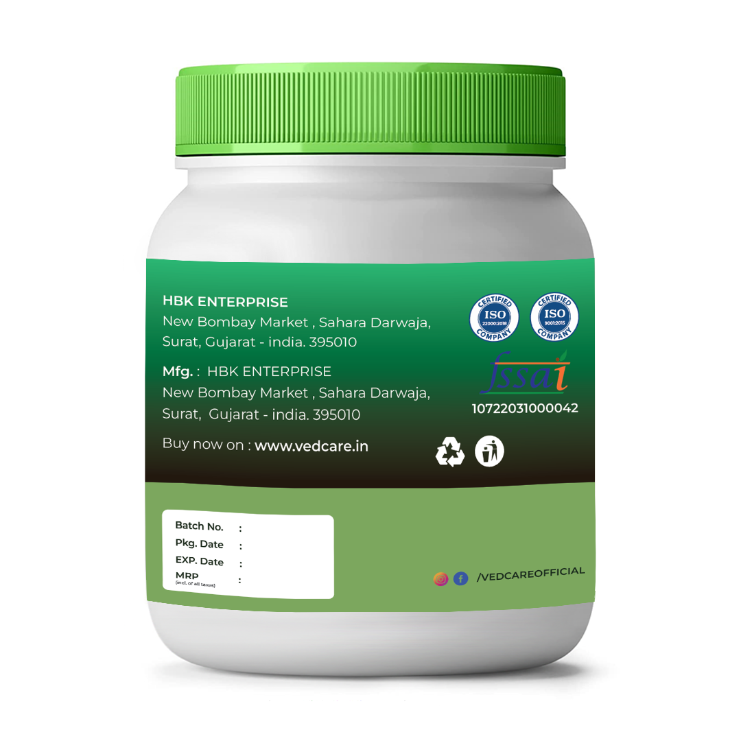 Vedcare supplement jar with green lid and label on a white background