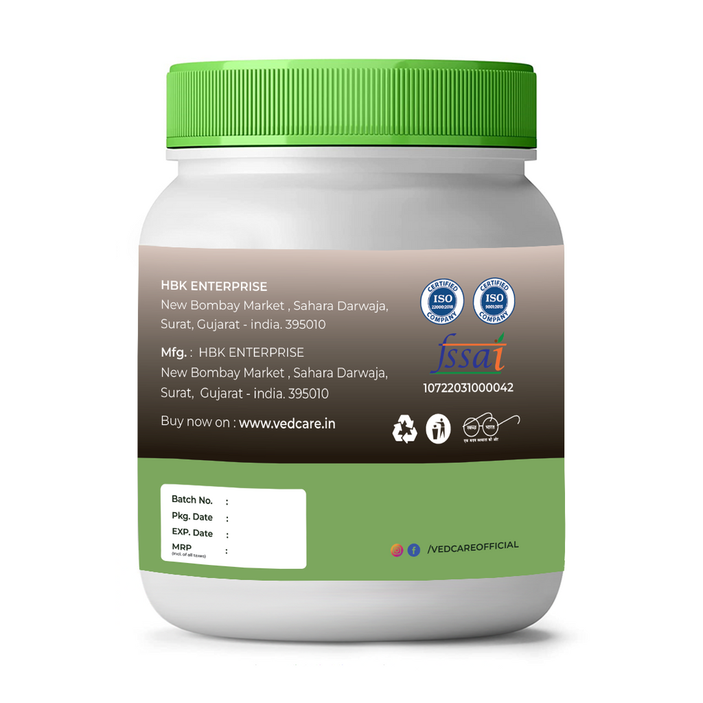 Vedcare supplement jar with green lid and label on a white background