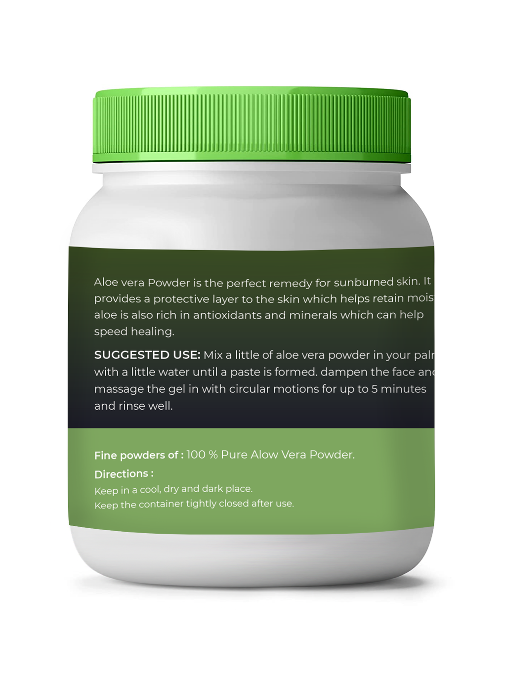 A container of aloe vera powder with a green lid and label on a white background
