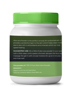 A container of aloe vera powder with a green lid and label on a white background