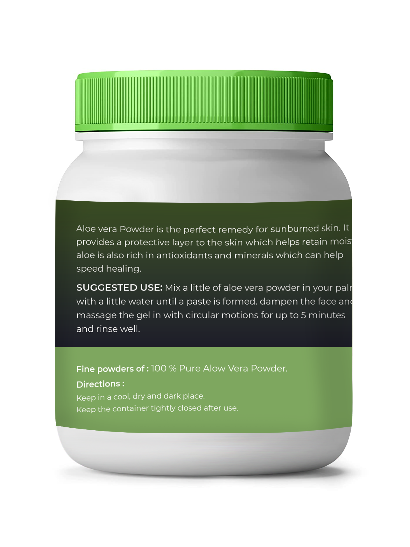 A container of aloe vera powder with a green lid and label on a white background