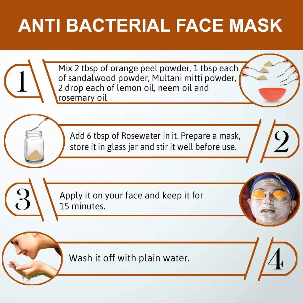 Instructions for making an anti-bacterial face mask with ingredients and steps.