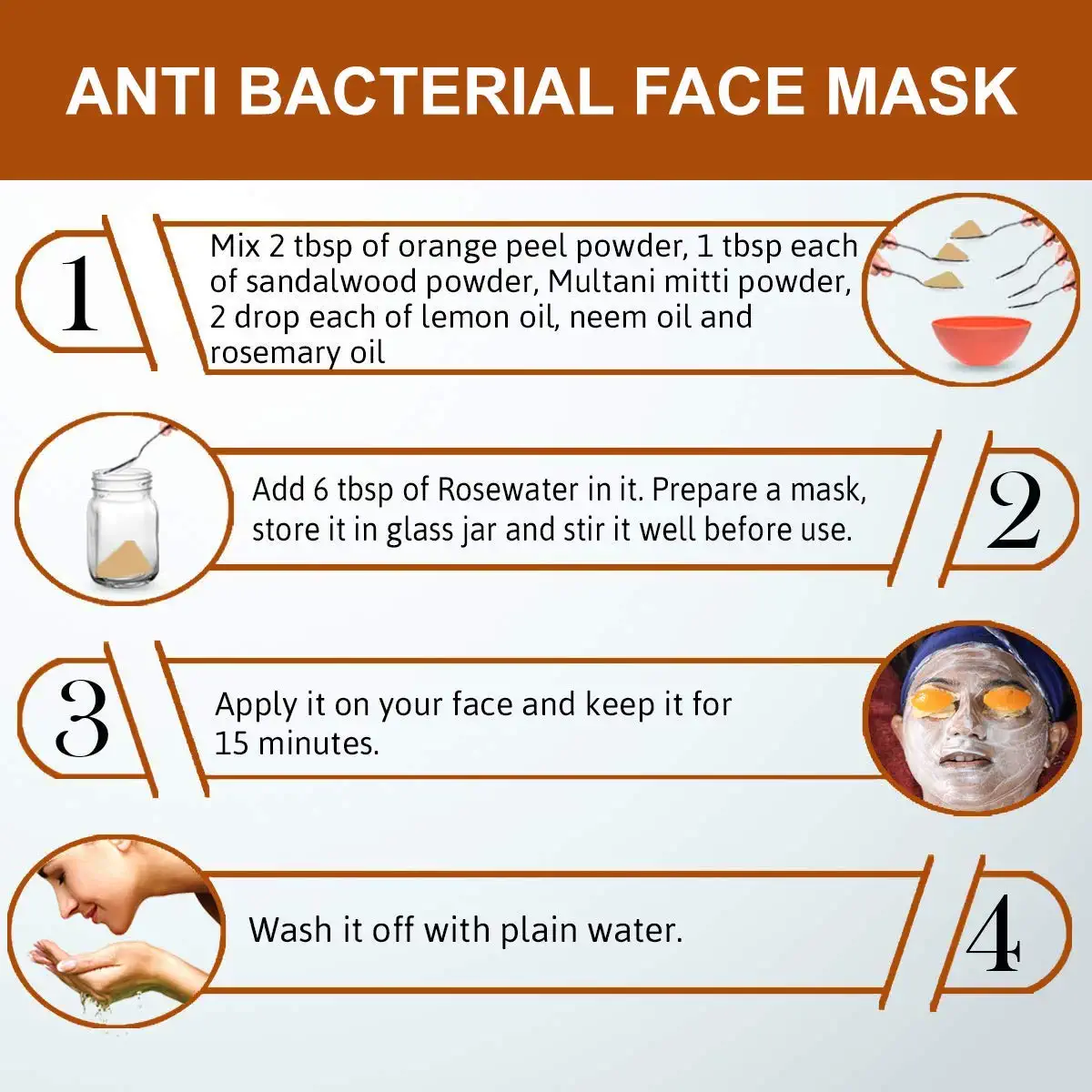 Instructions for making an anti-bacterial face mask with ingredients and steps.