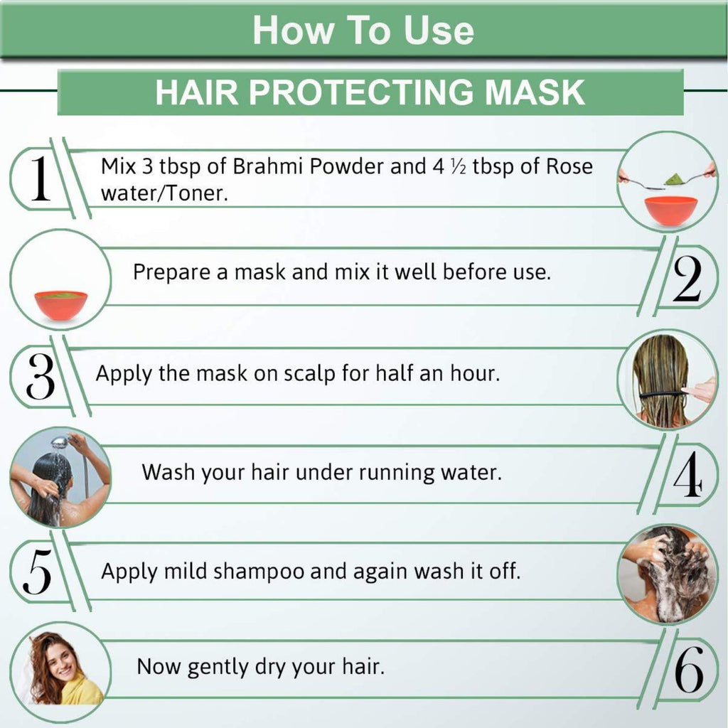 Instructions on how to use a hair protecting mask with step-by-step guide and illustrations.