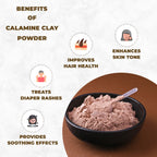 Calamine clay powder in a black bowl with text highlighting its benefits on a white background.