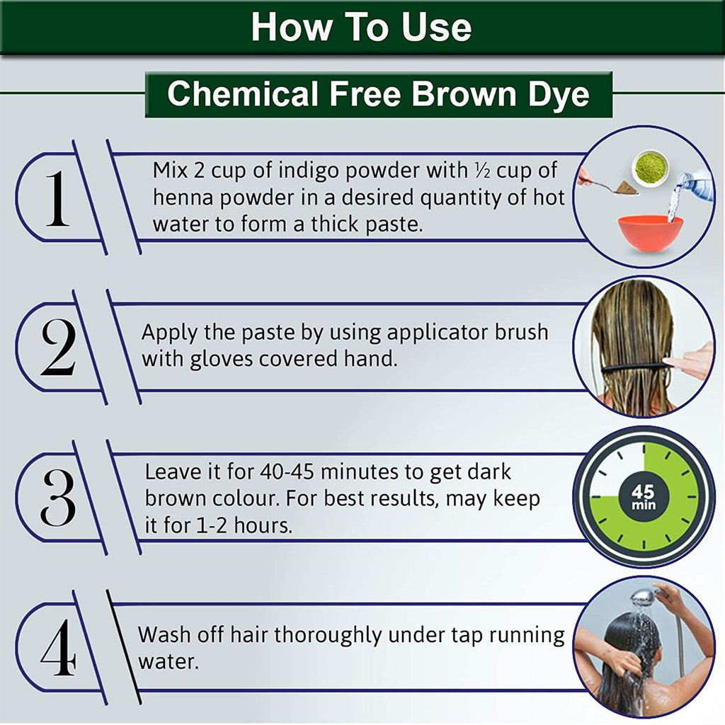 Instructions for using chemical-free brown dye with step-by-step guide and illustrations.