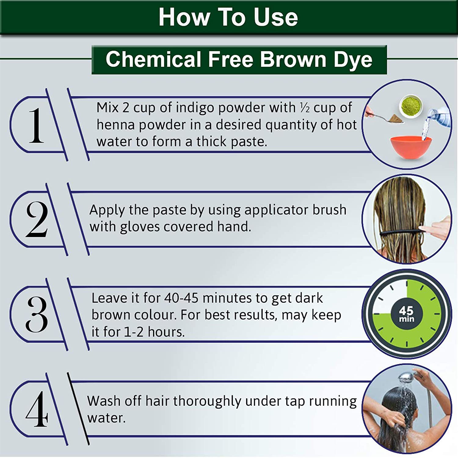 Instructions for using chemical-free brown dye with step-by-step guide and illustrations.