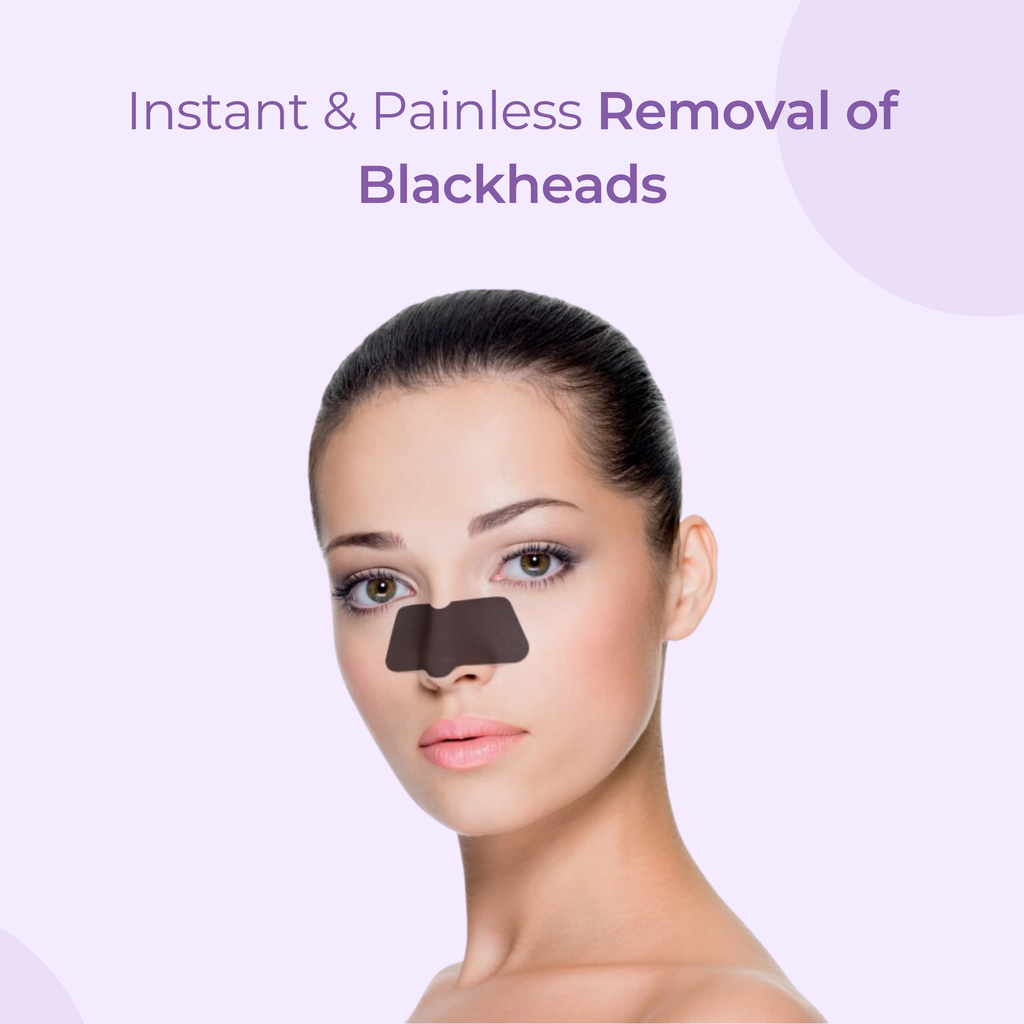Woman with a blackhead removal patch on a light purple background
