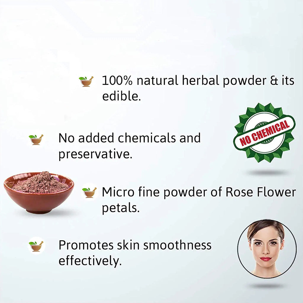 Advertisement for natural herbal powder with text and images of a bowl, rose flower, and a woman's face.