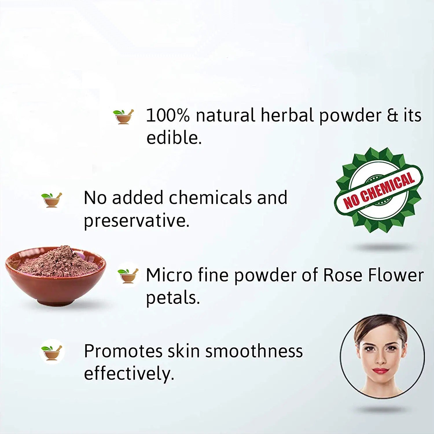 Advertisement for natural herbal powder with text and images of a bowl, rose flower, and a woman's face.