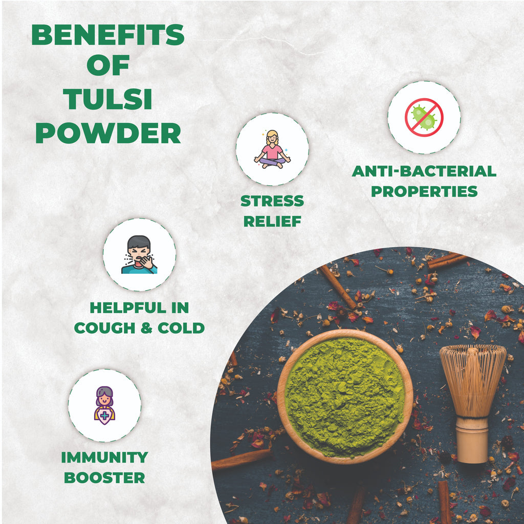 Benefits of Tulsi powder with a bowl of green powder on a textured background