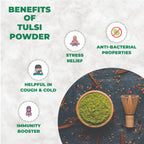 Benefits of Tulsi powder with a bowl of green powder on a textured background