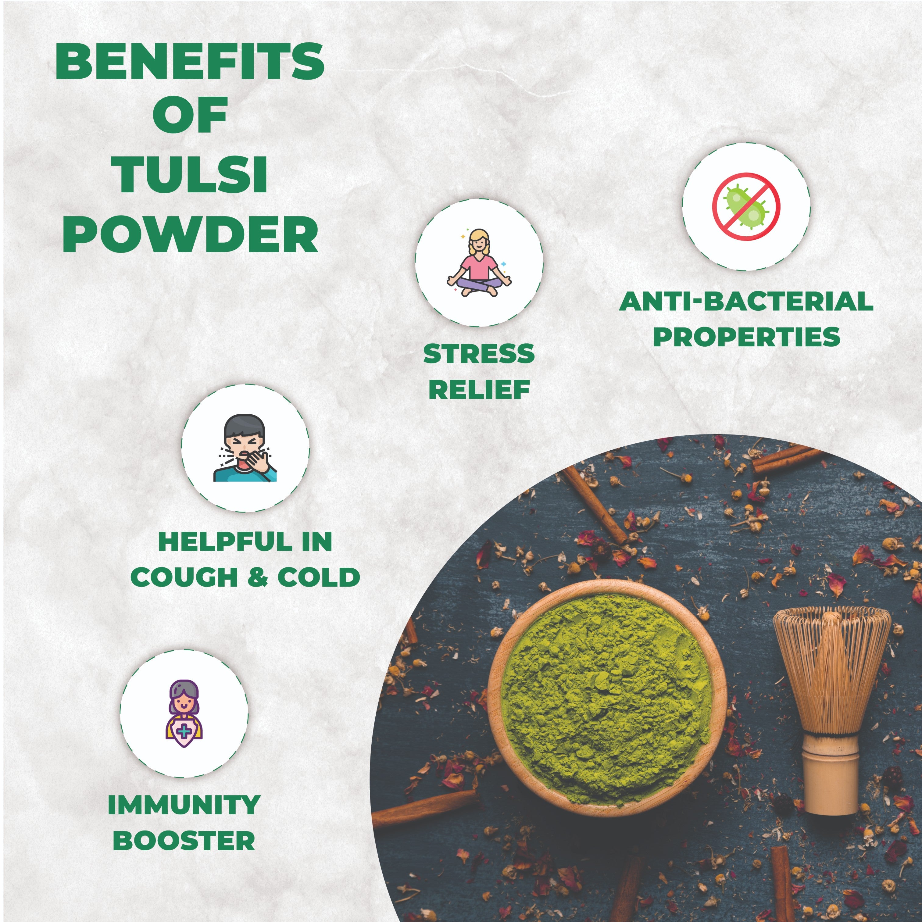 Benefits of Tulsi powder with a bowl of green powder on a textured background
