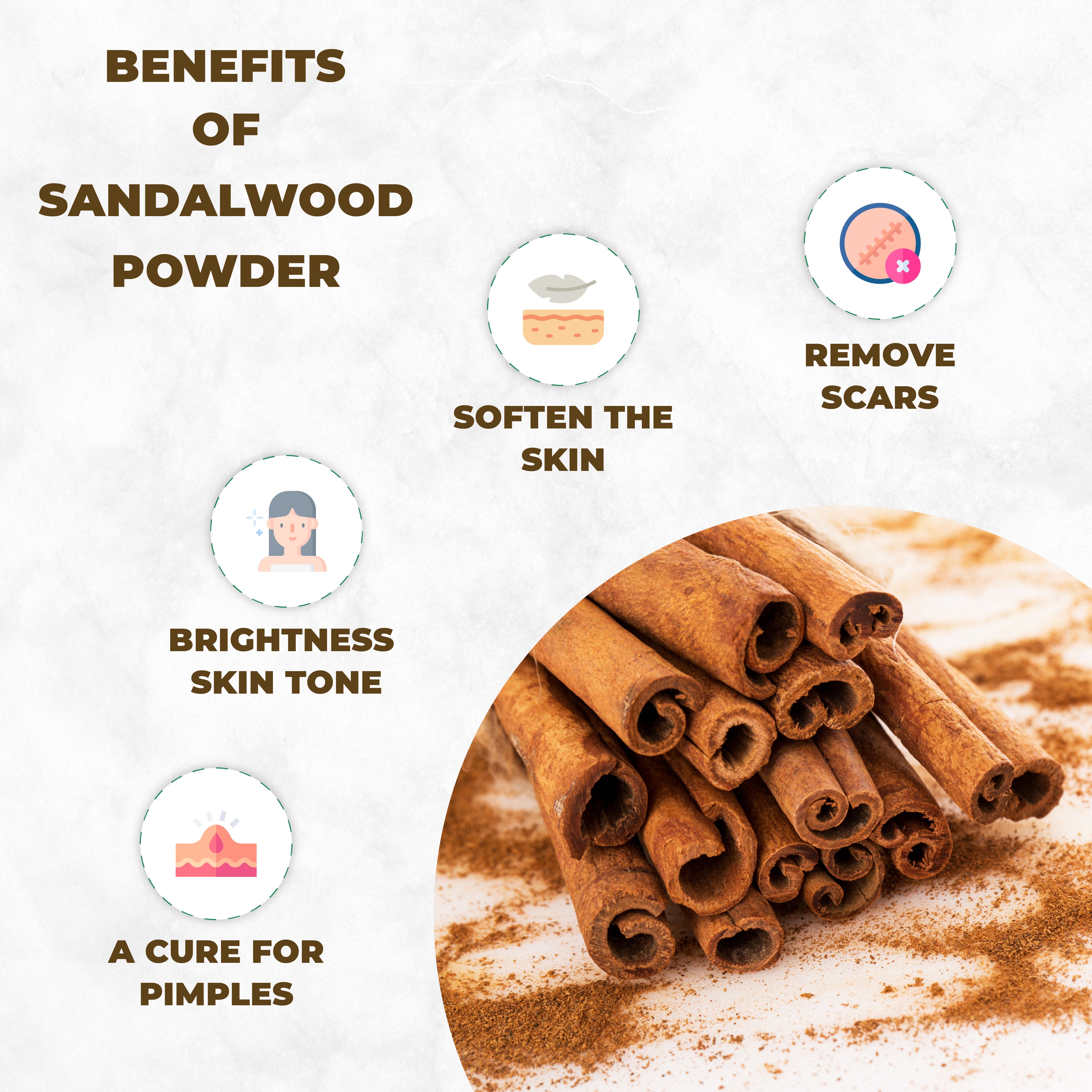 Sandalwood powder benefits with sandalwood sticks and powder on a white background
