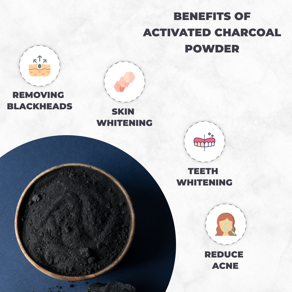 Activated charcoal powder in a bowl with icons and text highlighting its benefits on a white background.
