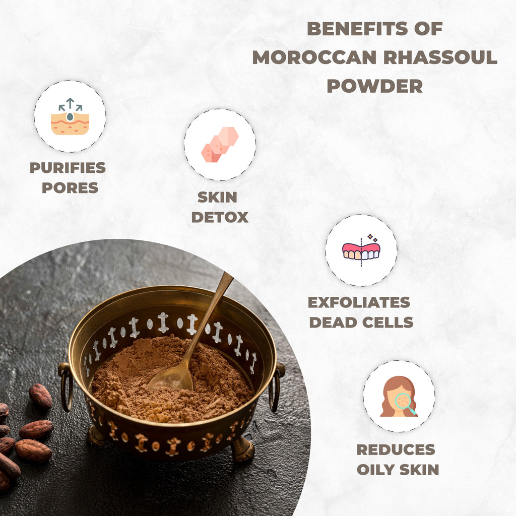 Moroccan Rhassoul powder in a bowl with a spoon, surrounded by icons and text highlighting its benefits.