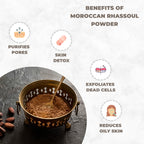 Moroccan Rhassoul powder in a bowl with a spoon, surrounded by icons and text highlighting its benefits.