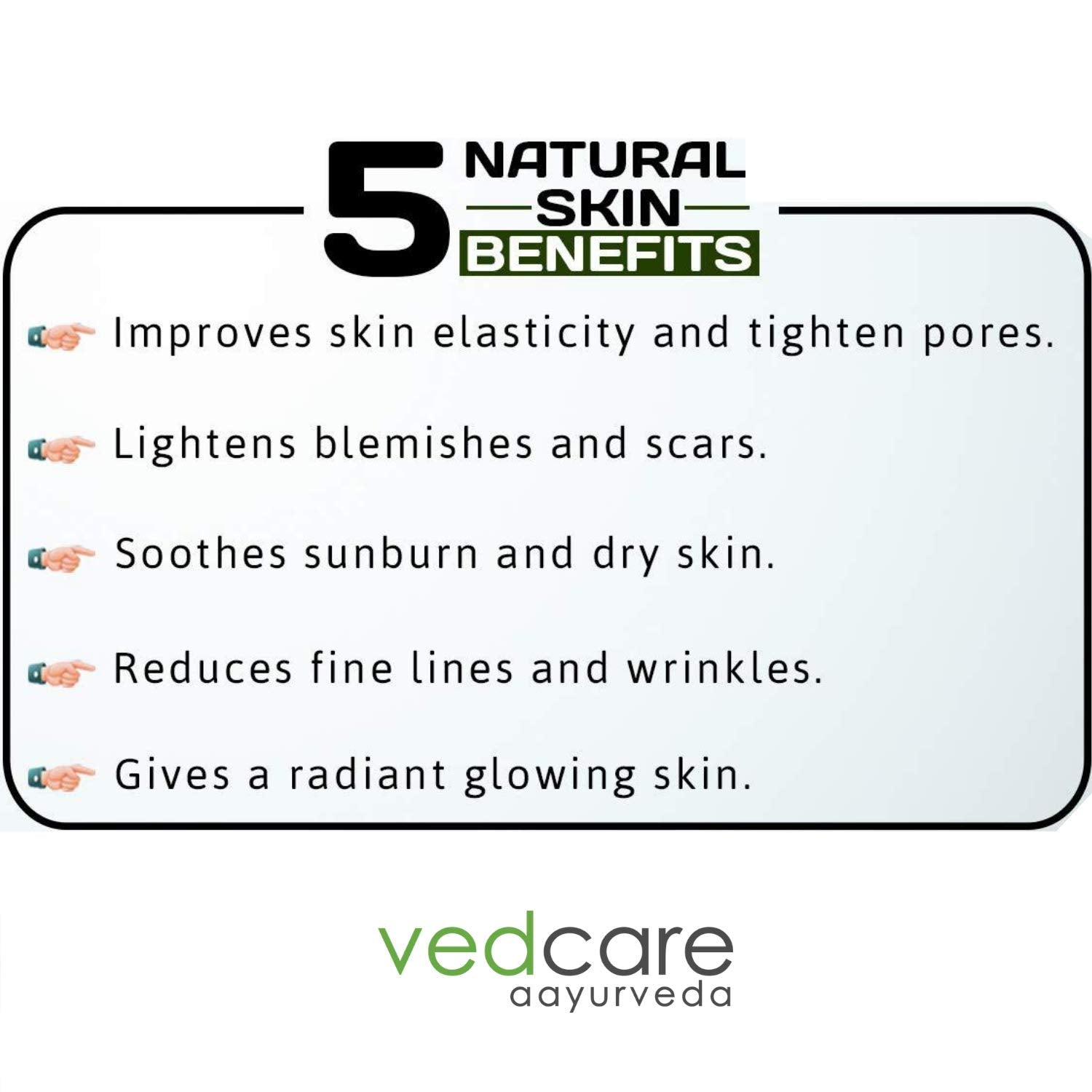 List of natural skin benefits with Vedcare Aayurveda branding on a white background