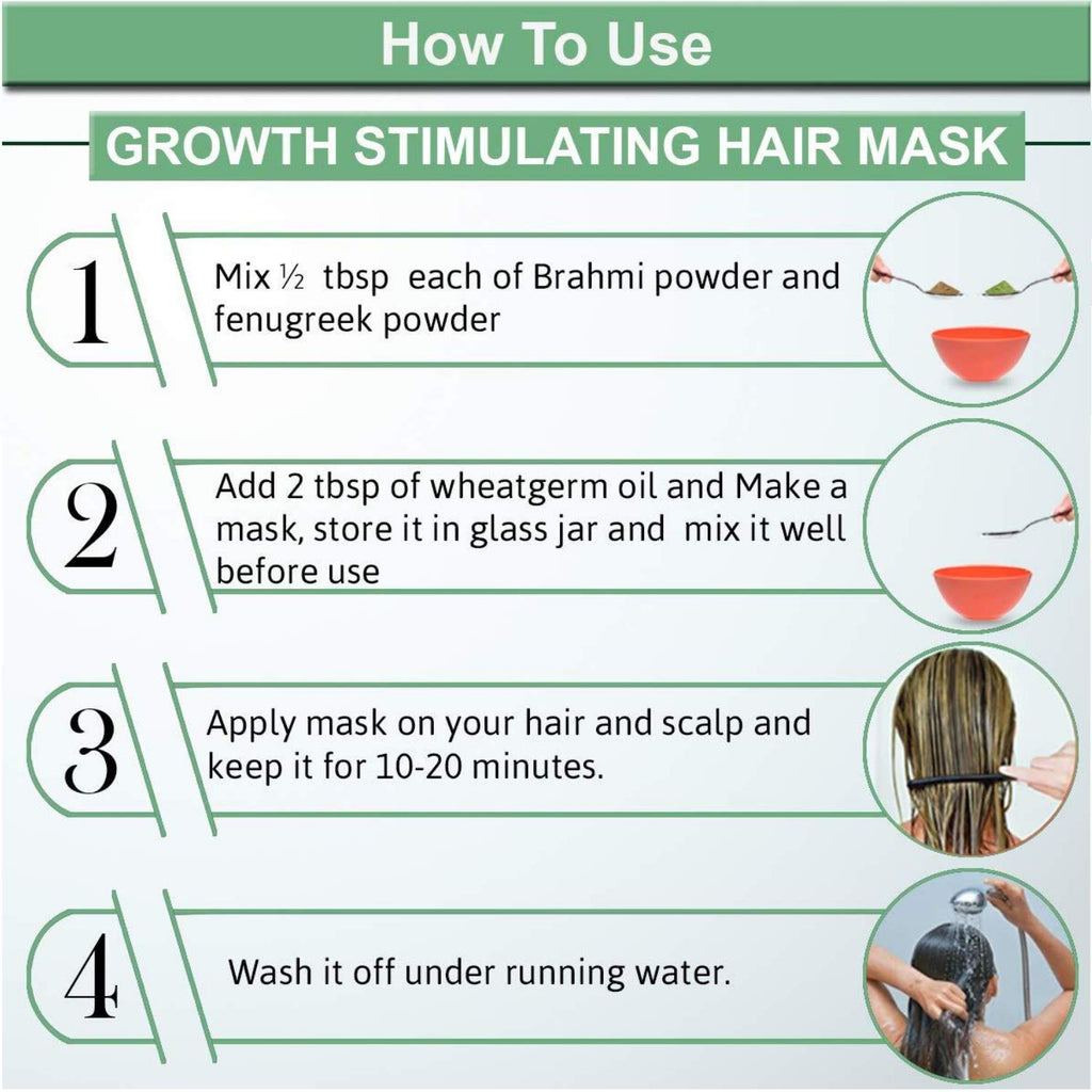 Instructions on how to use a growth stimulating hair mask with step-by-step guide and illustrations.