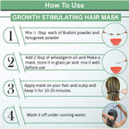 Instructions on how to use a growth stimulating hair mask with step-by-step guide and illustrations.