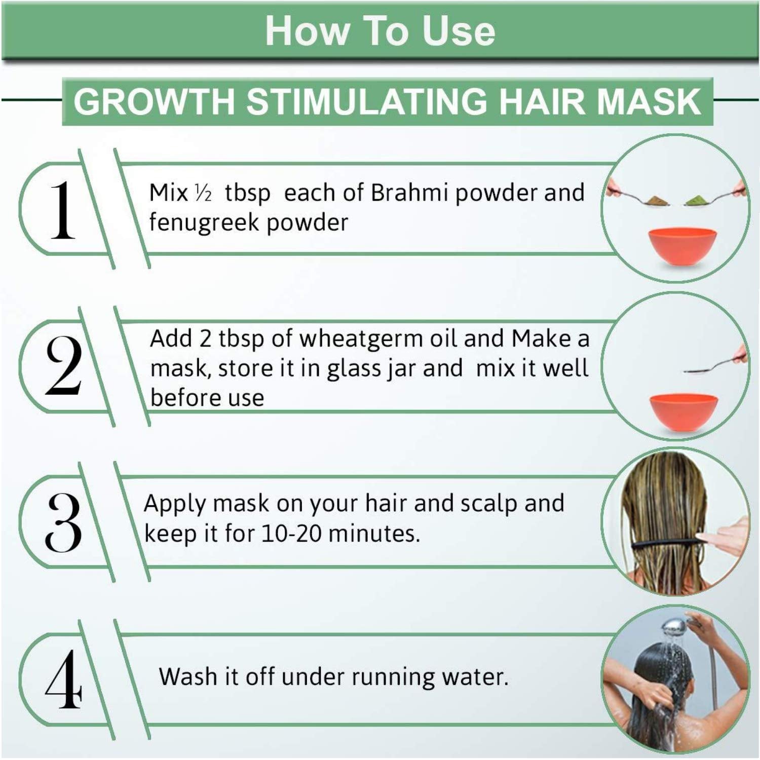Instructions on how to use a growth stimulating hair mask with step-by-step guide and illustrations.
