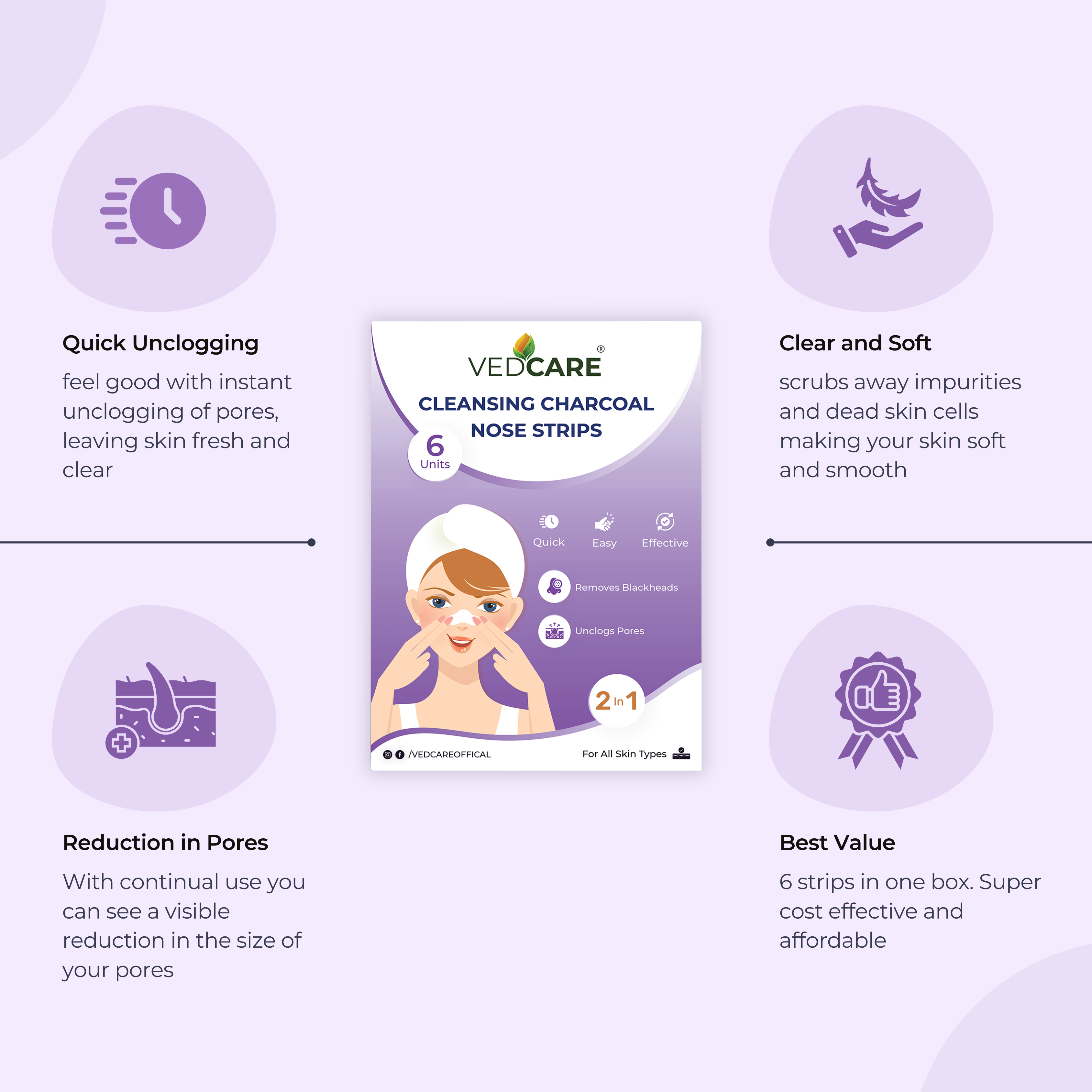 Vedcare cleansing charcoal nose strips packaging with benefits on a purple background