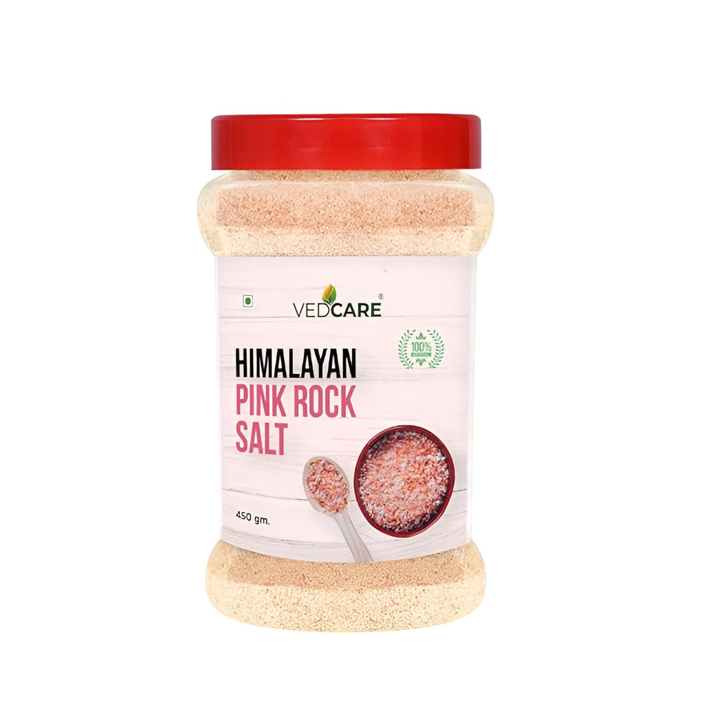Vedicare Himalayan Pink Rock Salt container with red lid on a white background