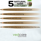Vedcare Ayurveda hair care product with text listing natural hair benefits on a white background.