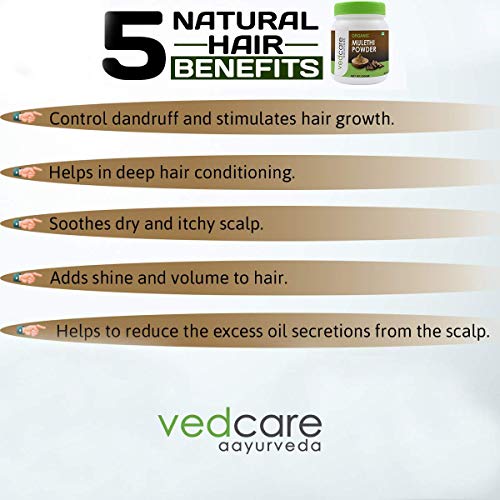 Vedcare Ayurveda hair care product with text listing natural hair benefits on a white background.