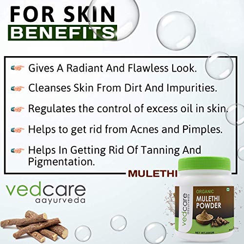 Vedcare Ayurveda Mulethi Powder packaging with text on skin benefits on a white background.