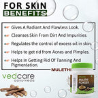 Vedcare Ayurveda Mulethi Powder packaging with text on skin benefits on a white background.