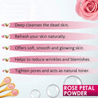 Rose petal powder with text on a white background