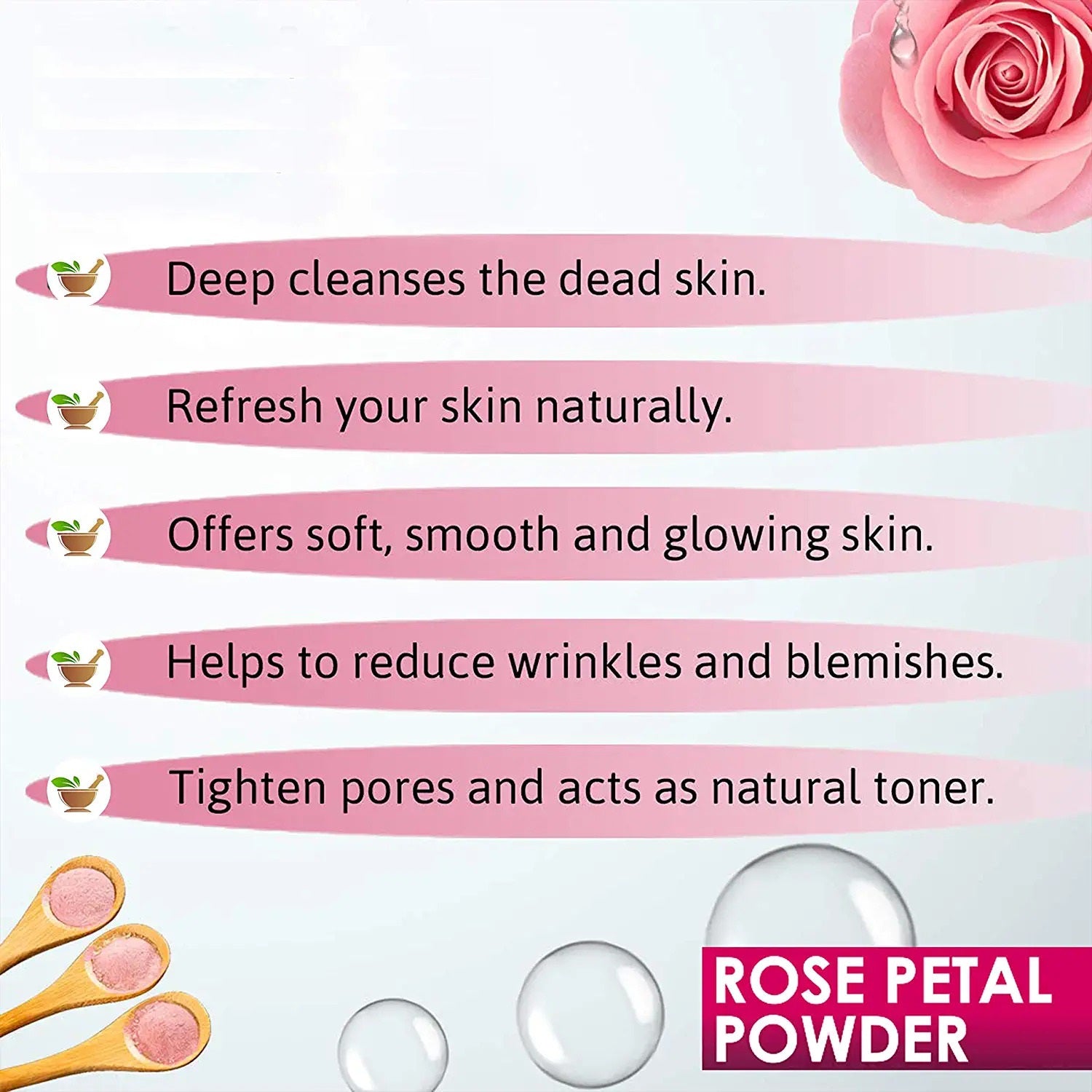 Rose petal powder with text on a white background