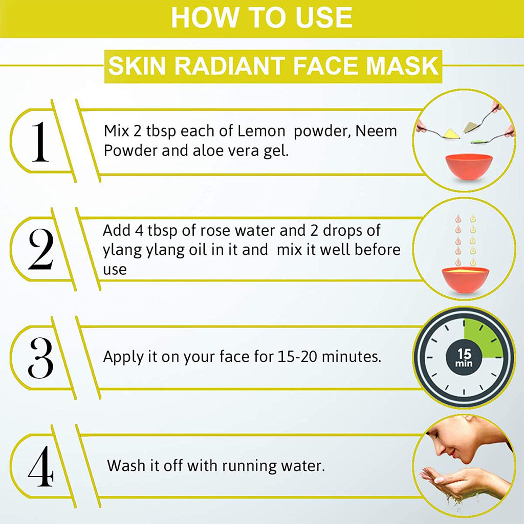 Instructions on how to use a skin radiant face mask with step-by-step guide and illustrations.