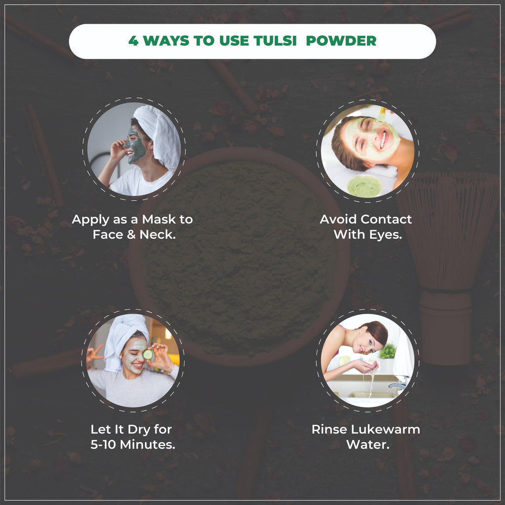 Instructions on how to use tulsi powder with images and text.