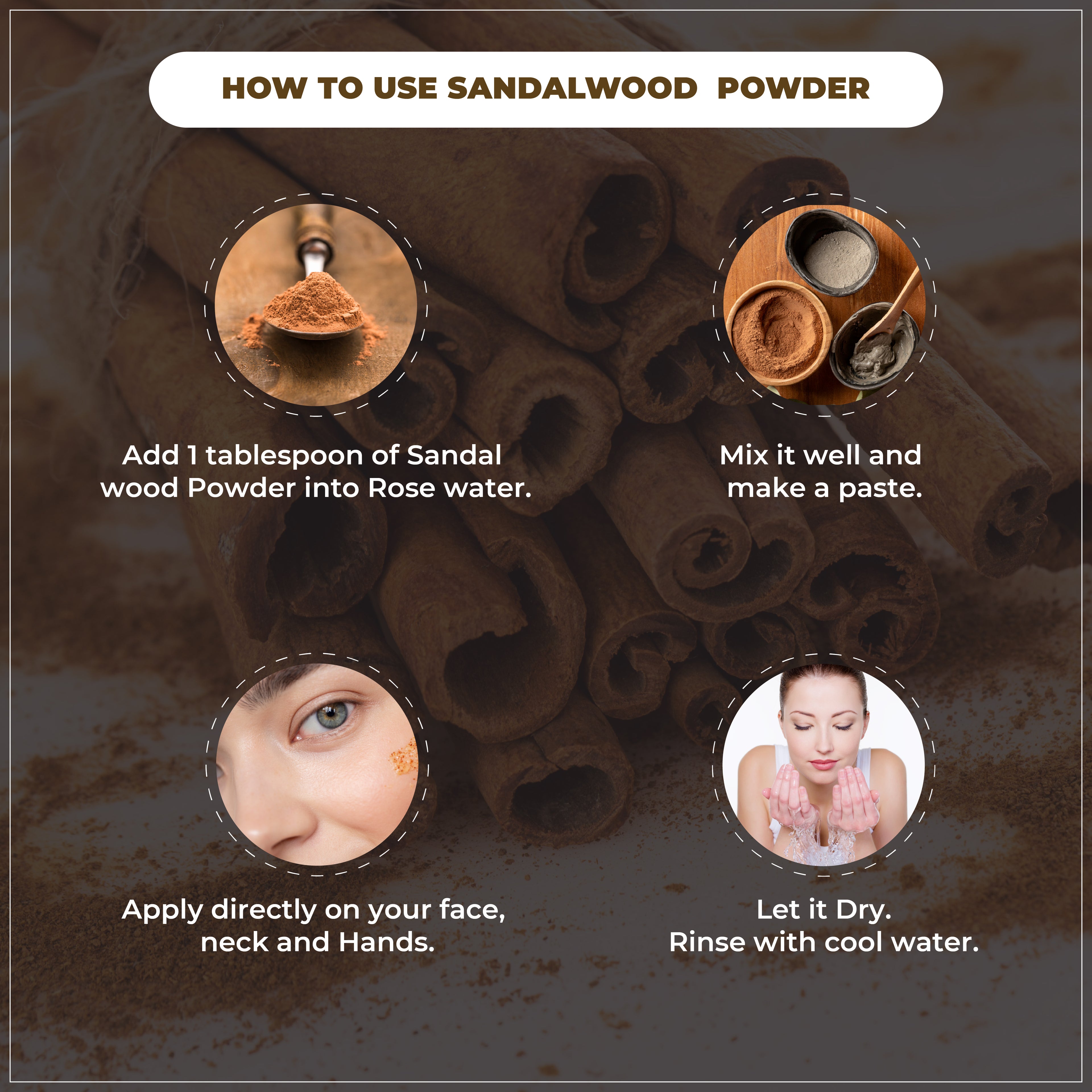 Instructions on how to use sandalwood powder with images and text.
