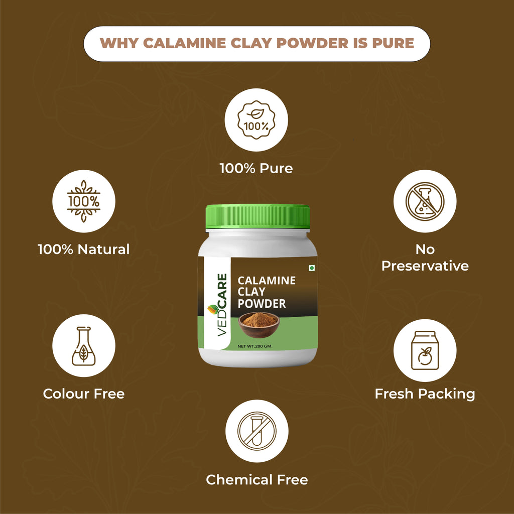Vedicare Calamine Clay Powder jar with purity features on a brown background