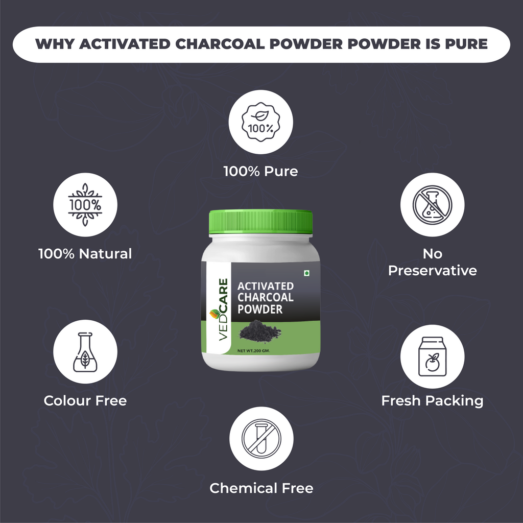 Velcure activated charcoal powder jar with purity features on a dark background