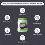 Velcure activated charcoal powder jar with purity features on a dark background
