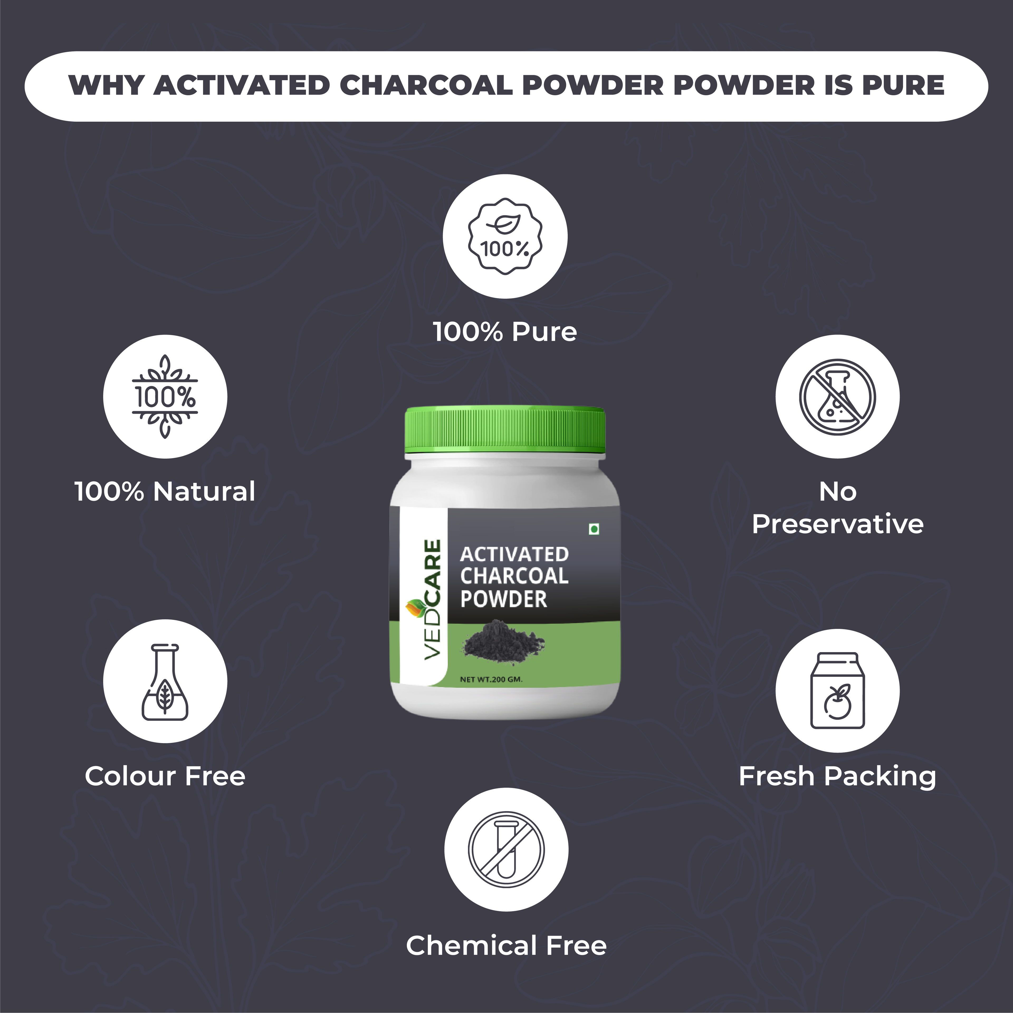 Velcure activated charcoal powder jar with purity features on a dark background