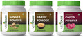Three bottles of Vedcare organic powders with green lids on a white background
