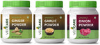 Three bottles of Vedcare organic powders with green lids on a white background