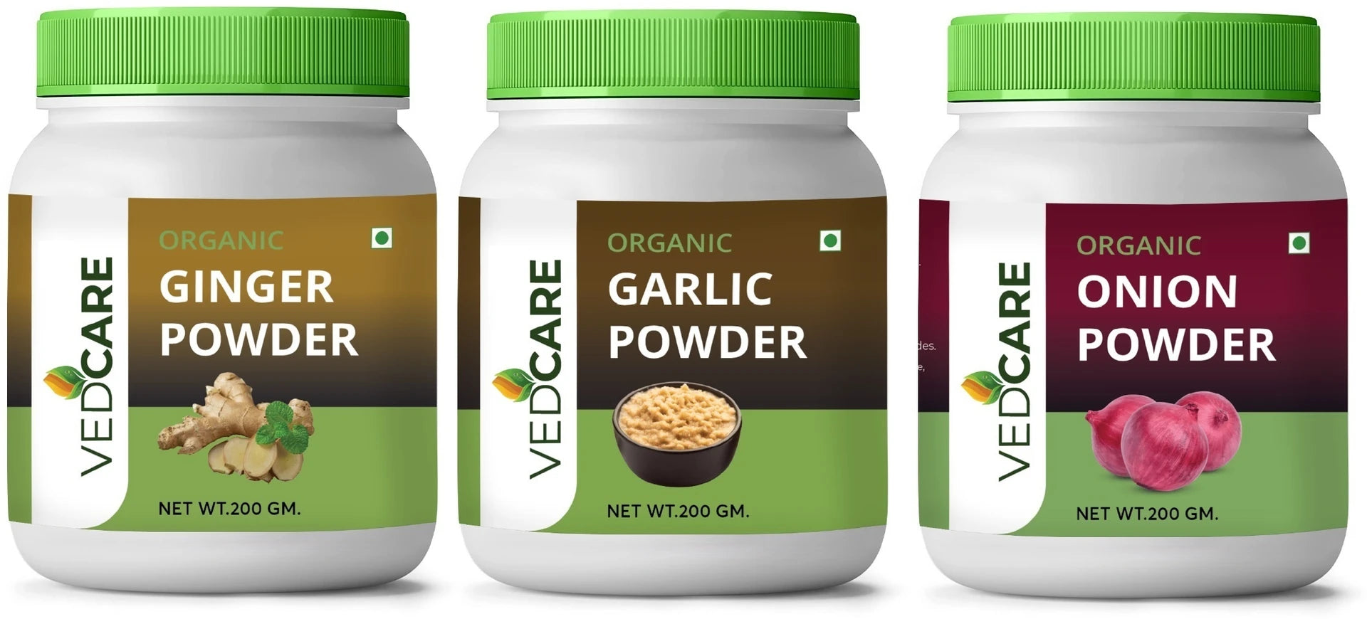 Three bottles of Vedcare organic powders with green lids on a white background